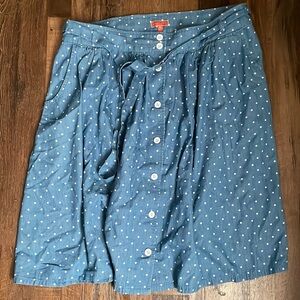ModCloth denim polka-dot skirt with buttons and tie details, xl